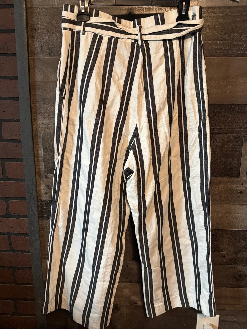 H&M Cream and Black Vertical Stripe Paperbag Waist Pants